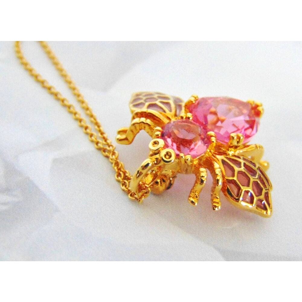 Joan Rivers Bee Necklace Brooch Hope Pendant Pin Pink Crystal Breast Cancer Gold